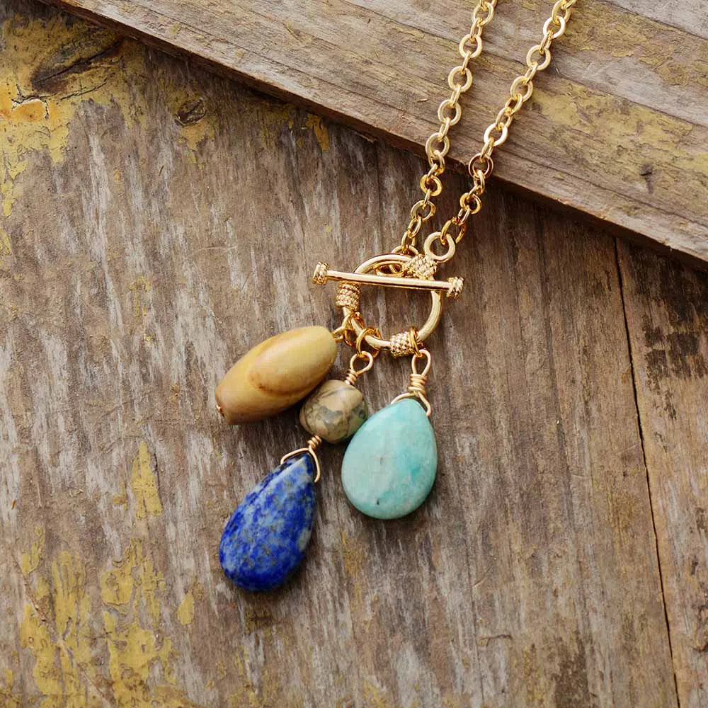 Natural Stone Teardrop Pendant Necklace Boho chic jewelry