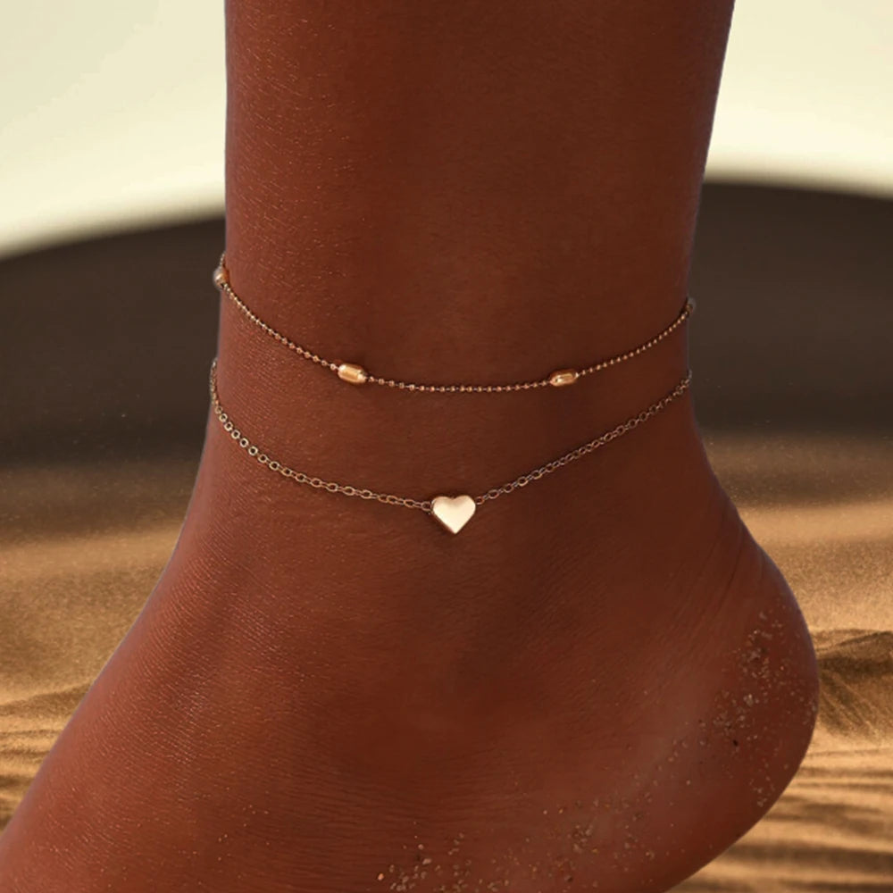 Boho Heart Charm Layered Anklet