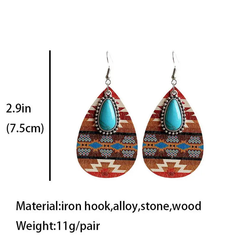 Vintage Wood Turquoise Teardrop Earrings bobo chic free spirit