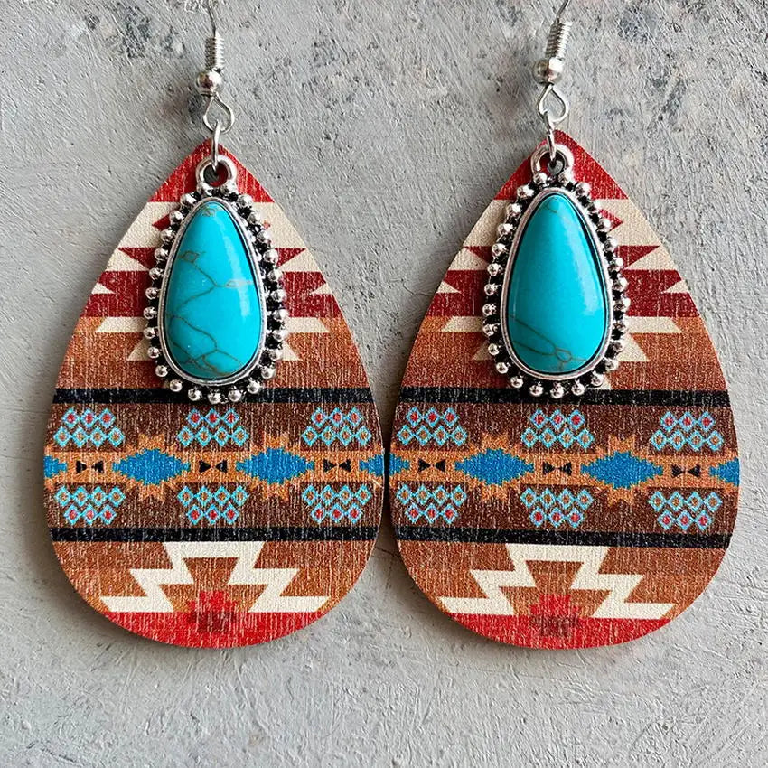 Vintage Wood Turquoise Teardrop Earrings bobo chic free spirit