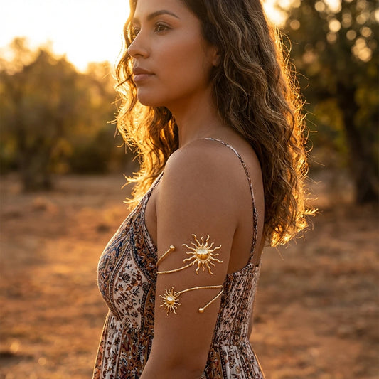 Gold Sun Spiral Upper Arm Cuff – Adjustable Boho Armlet
