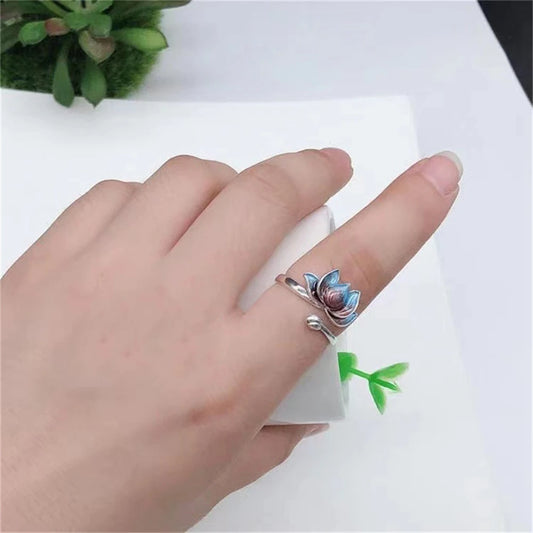 Vintage Silver Blue Lotus Flower Rings boho chic free spirit