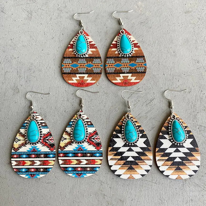 Vintage Wood Turquoise Teardrop Earrings bobo chic free spirit
