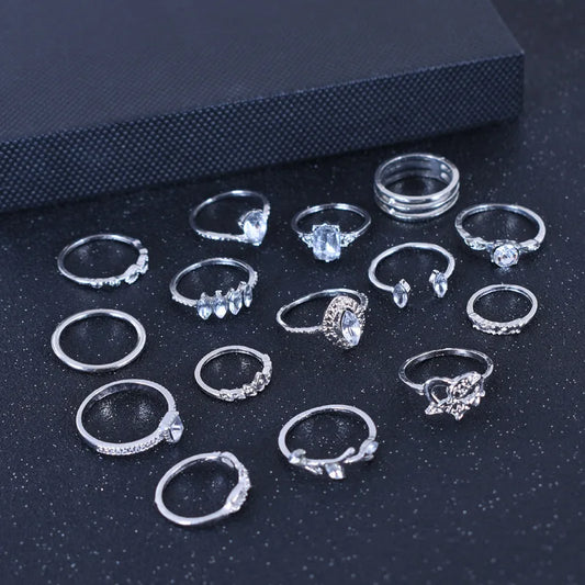 Vintage Boho Rhinestone Ring Set (15-Piece)