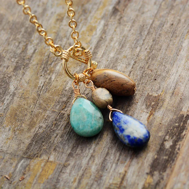 Natural Stone Teardrop Pendant Necklace Boho chic jewelry 