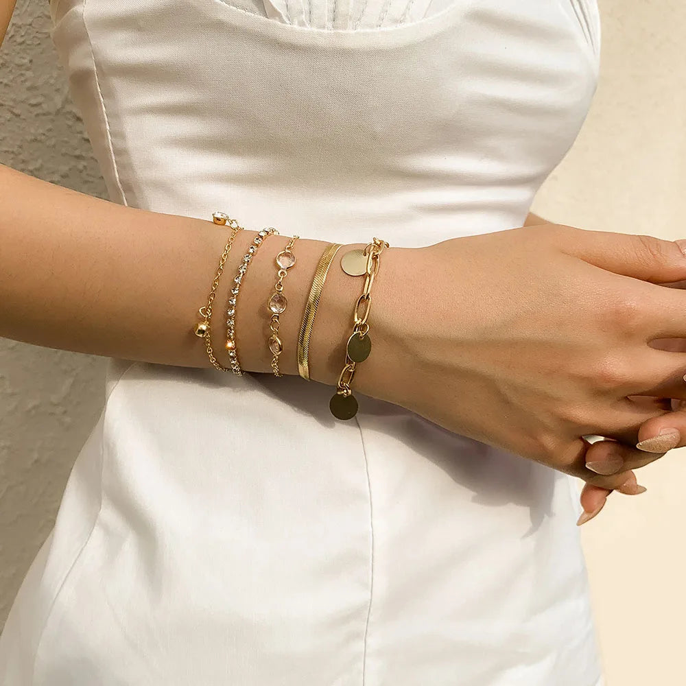 Flat Snake Chain & Sequin Pendant Bracelet Set