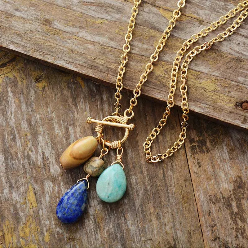 Natural Stone Teardrop Pendant Necklace Boho chic jewelry 