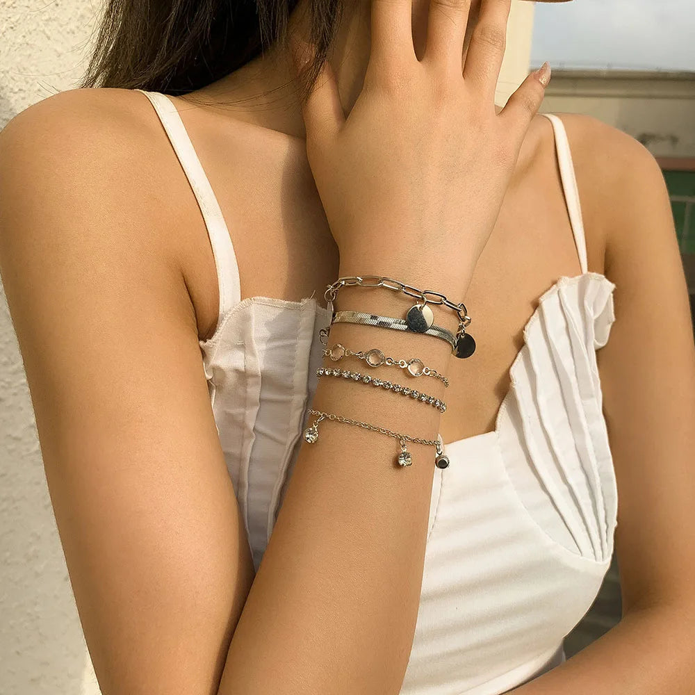 Flat Snake Chain & Sequin Pendant Bracelet Set