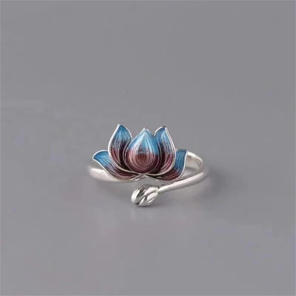 Vintage Silver Blue Lotus Flower Rings boho chic free spirit 