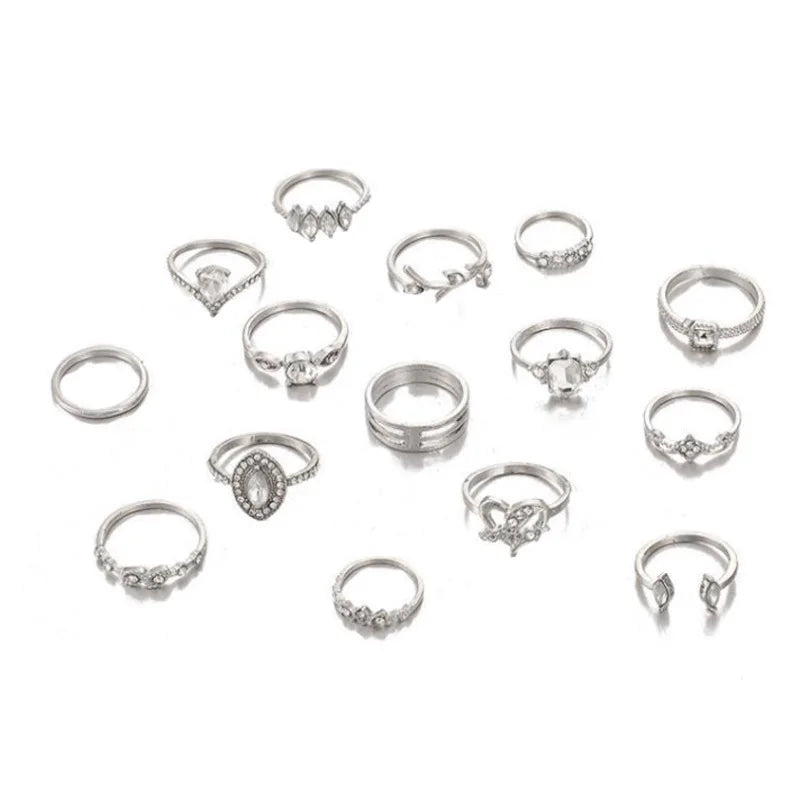 Vintage Boho Rhinestone Ring Set (15-Piece)