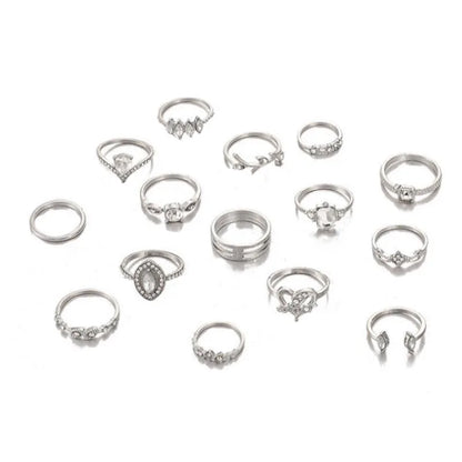 Vintage Boho Rhinestone Ring Set (15-Piece)