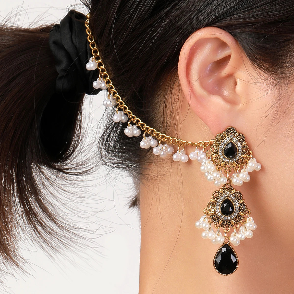 Flowers Pearl Crystal Water Drop Earrings Earrings Link Headdress