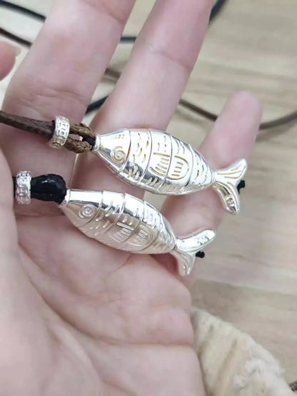 Vintage Adjustable Leather Fish Charm Necklace