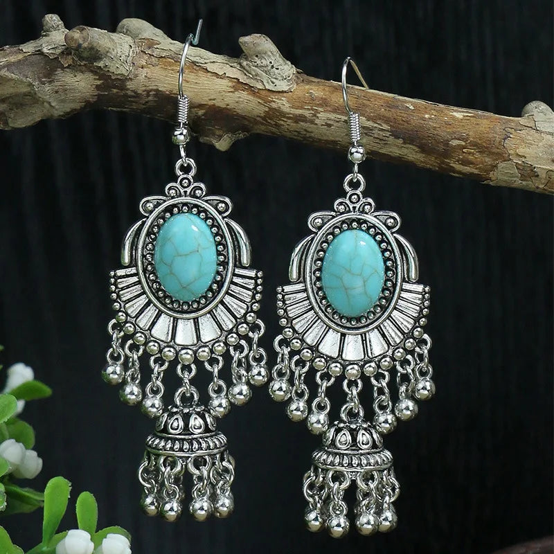 Blue Stone Tassel Dangle Earrings