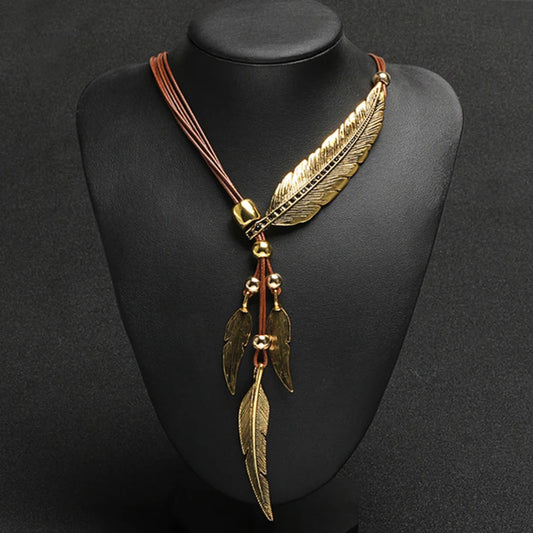 Leaf Feather Pendant Necklace boho chic jewelry