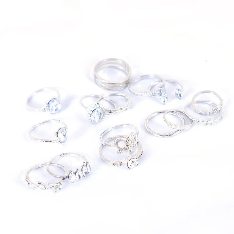 Vintage Boho Rhinestone Ring Set (15-Piece)