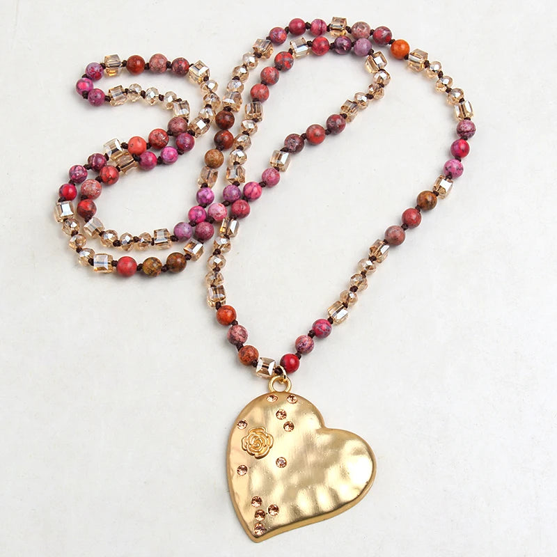 Natural Stones Metal Heart Pendant Necklaces