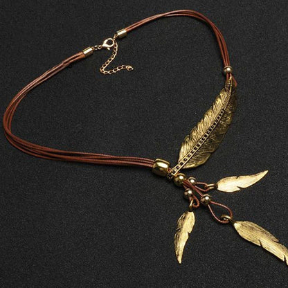 Leaf Feather Pendant Necklace boho chic jewelry