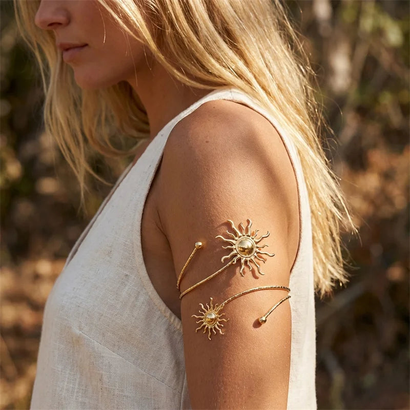 Gold Sun Spiral Upper Arm Cuff – Adjustable Boho Armlet