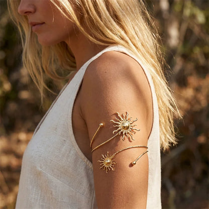Gold Sun Spiral Upper Arm Cuff – Adjustable Boho Armlet