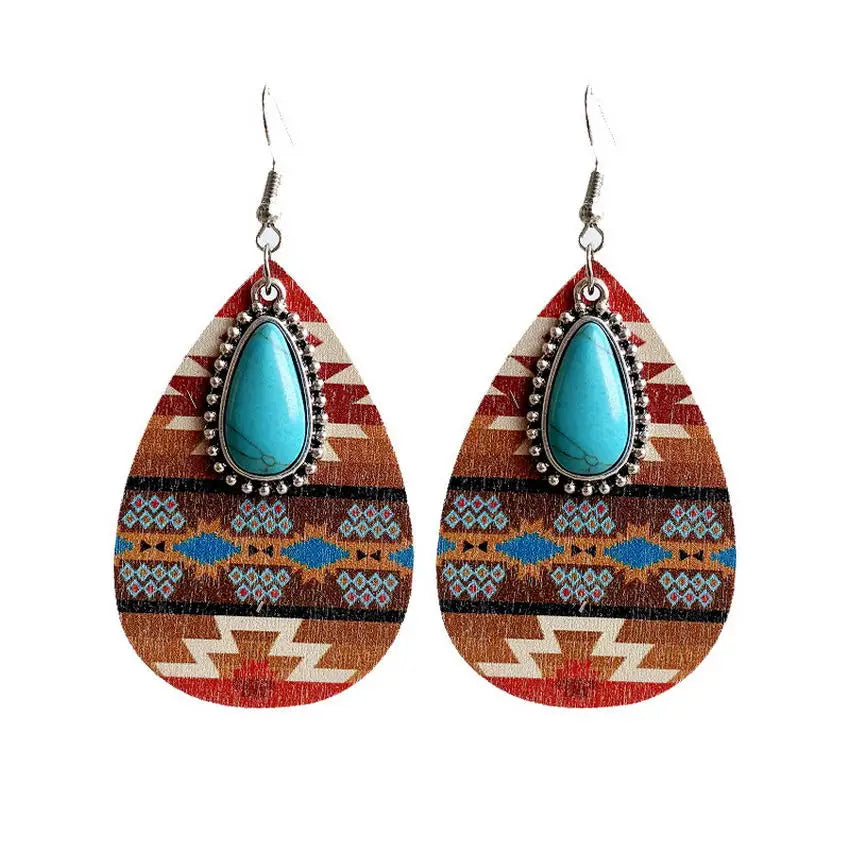 Vintage Wood Turquoise Teardrop Earrings bobo chic free spirit 