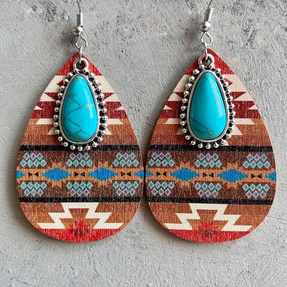 Vintage Wood Turquoise Teardrop Earrings bobo chic free spirit 