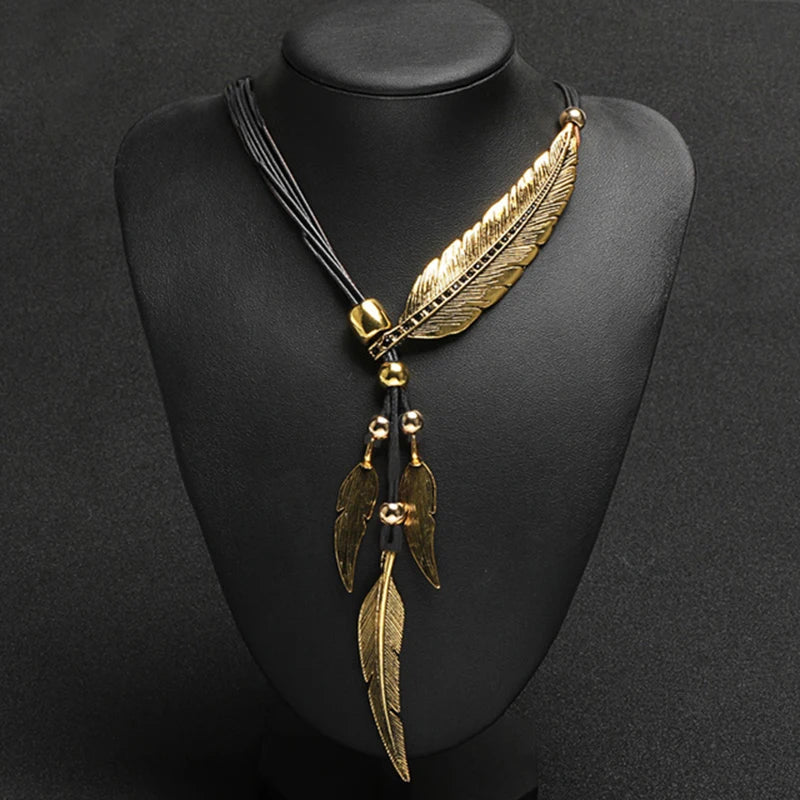 Tribal Feather Leather Cord Necklace