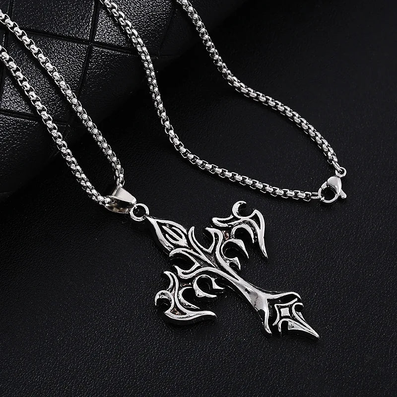 Vintage Flame Cross Pendant Necklace