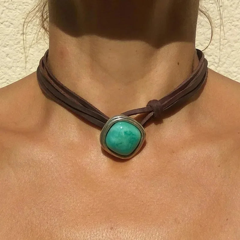 Leather Rope Turquoise Pendant Necklace