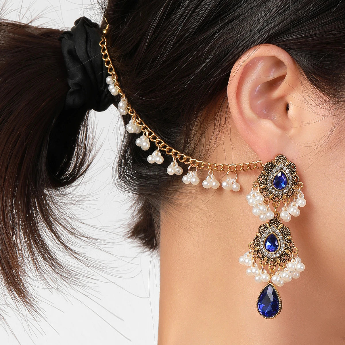 Flowers Pearl Crystal Water Drop Earrings Earrings Link Headdress