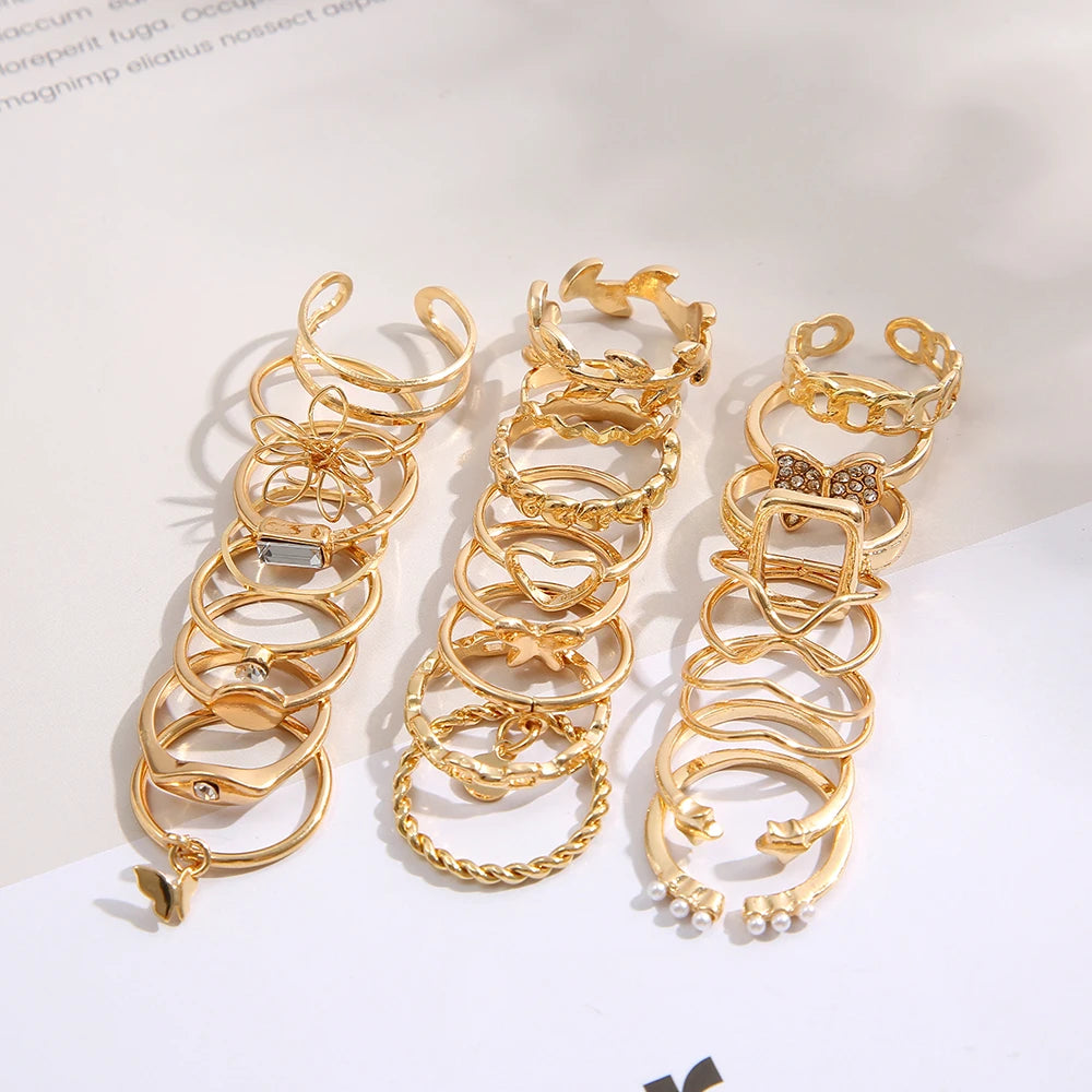 Vintage Gold Heart Butterfly Rings Set