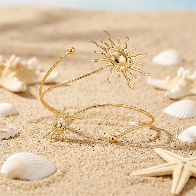 Gold Sun Spiral Upper Arm Cuff – Adjustable Boho Armlet