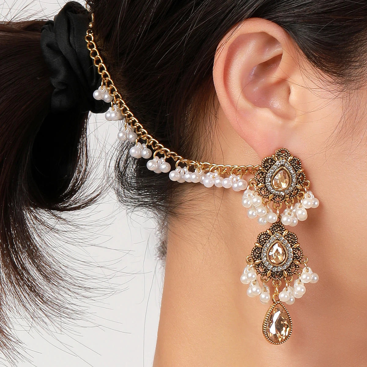 Flowers Pearl Crystal Water Drop Earrings Earrings Link Headdress