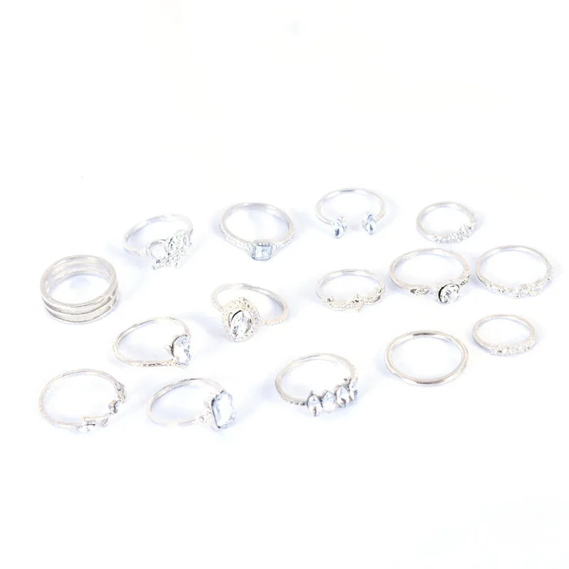 Vintage Boho Rhinestone Ring Set (15-Piece)