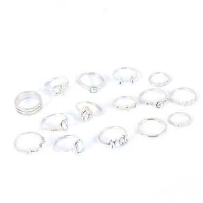 Vintage Boho Rhinestone Ring Set (15-Piece)