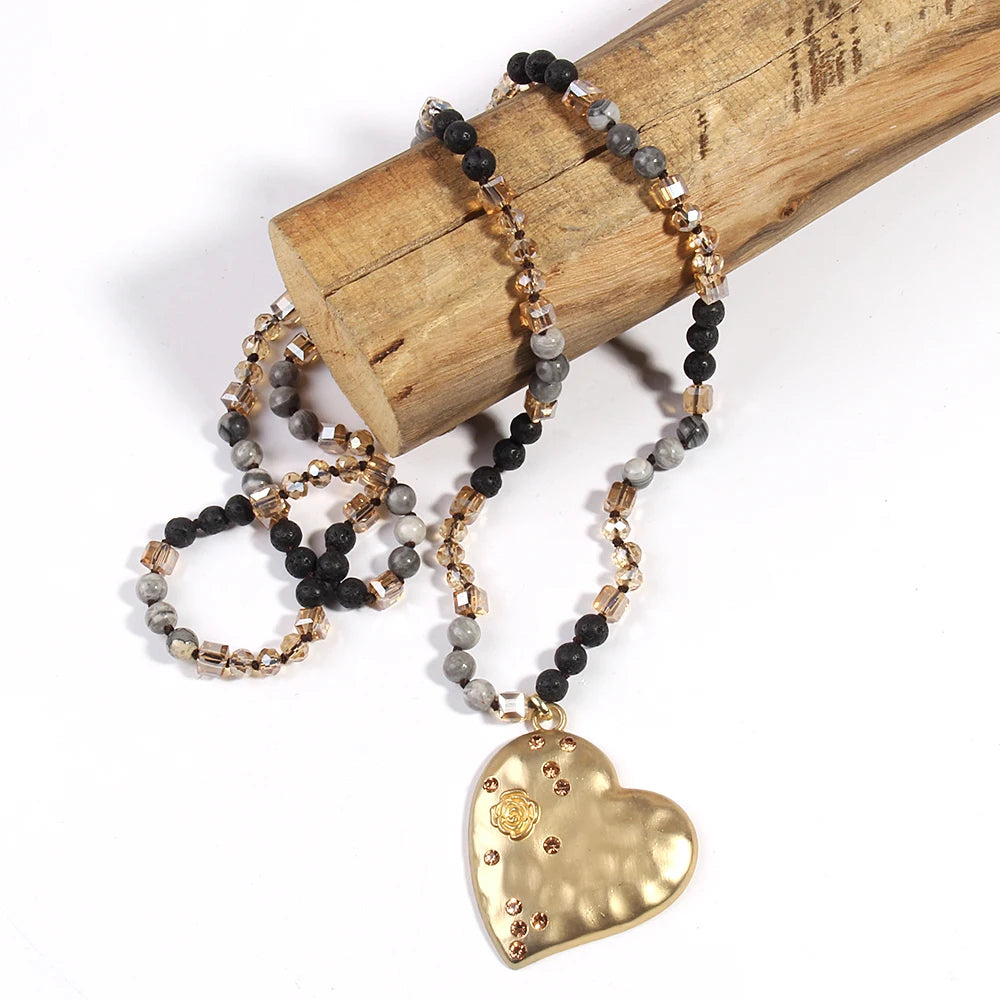 Natural Stones Metal Heart Pendant Necklaces