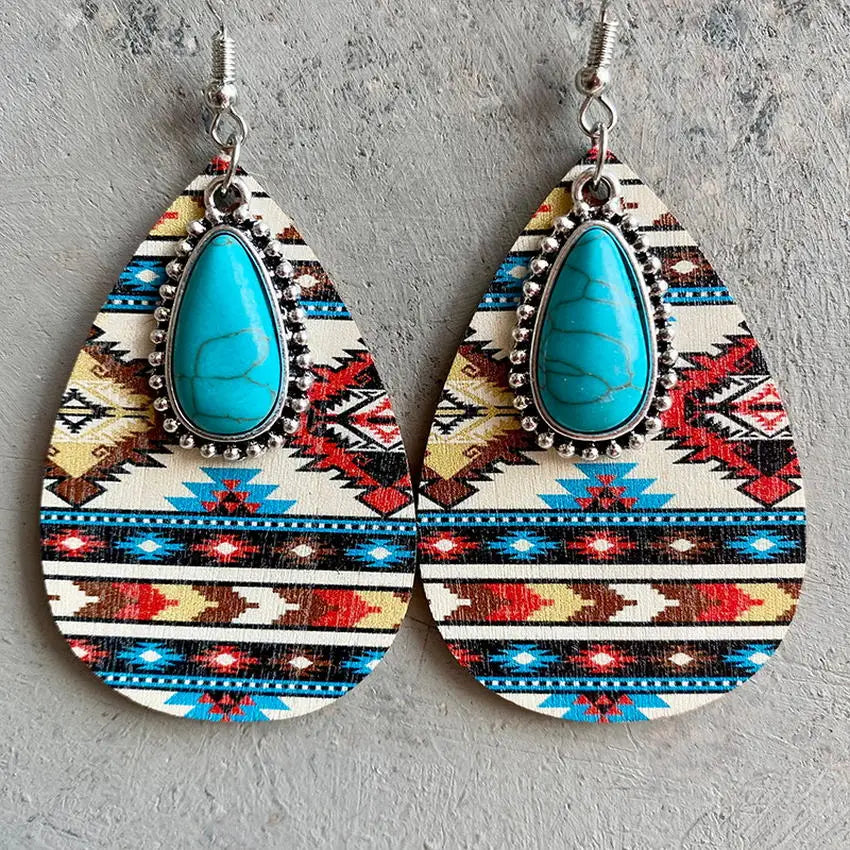 Vintage Wood Turquoise Teardrop Earrings bobo chic free spirit 