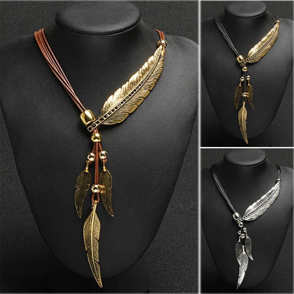 Leaf Feather Pendant Necklace boho chic jewelry
