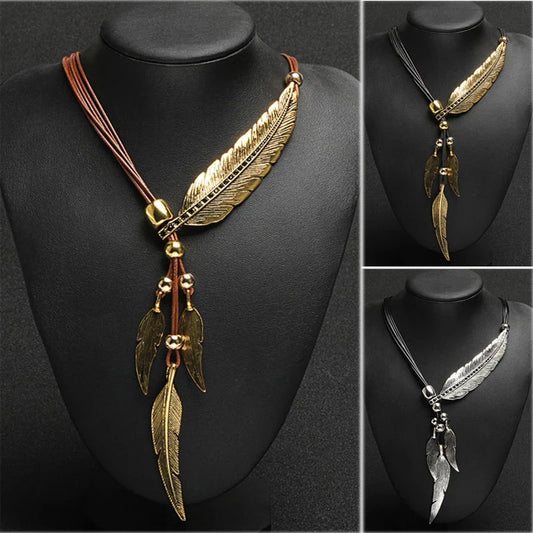 Leaf Feather Pendant Necklace boho chic jewelry