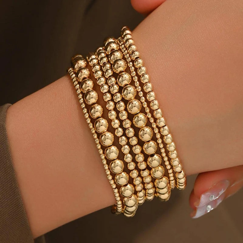 Gold Color Beads Bracelets Set 7 Piece