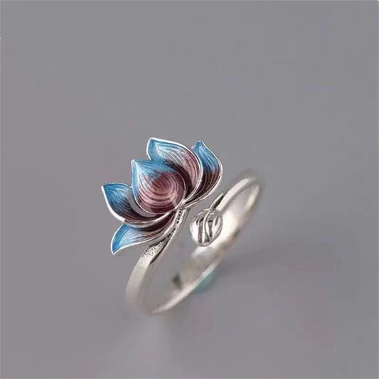 Vintage Silver Blue Lotus Flower Rings boho chic free spirit 