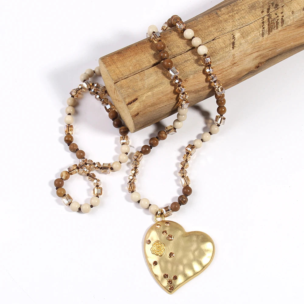 Natural Stones Metal Heart Pendant Necklaces