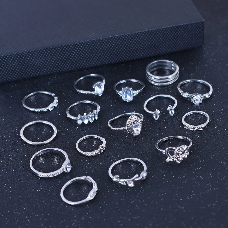 Vintage Boho Rhinestone Ring Set (15-Piece)