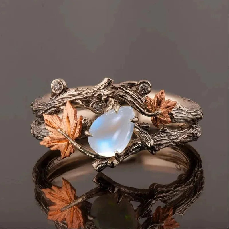 Lunar Leaf Boho Moonstone Ring