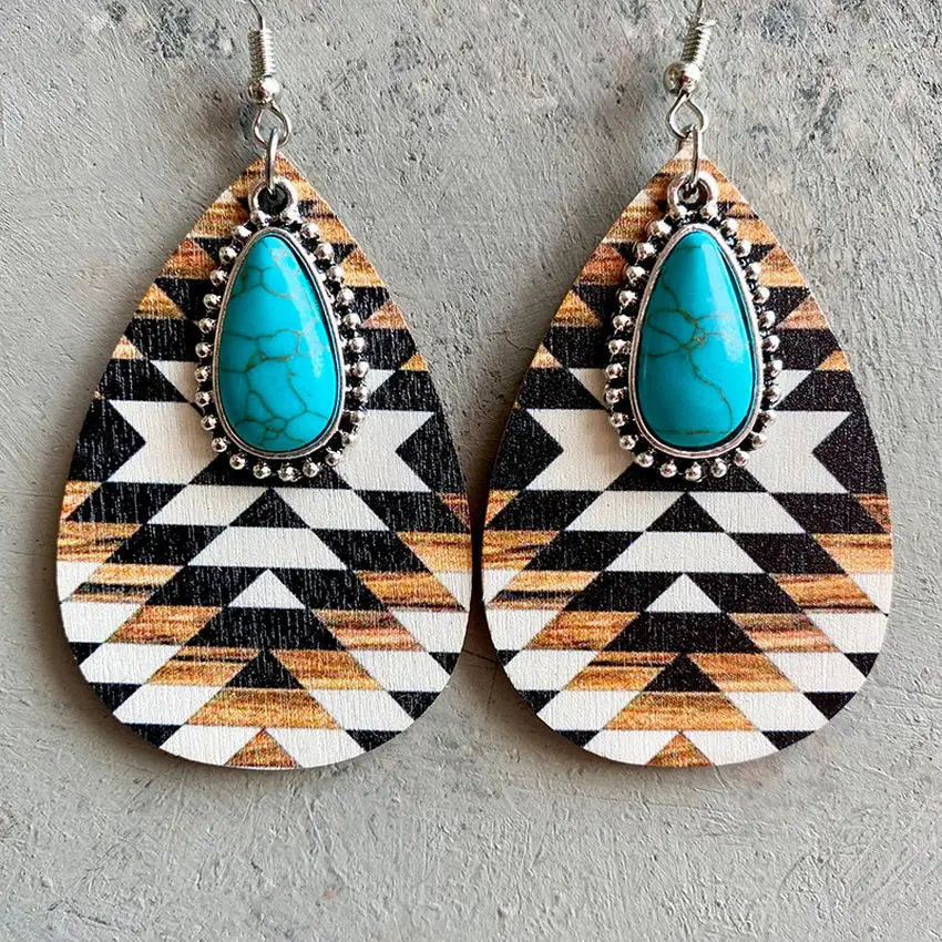 Vintage Wood Turquoise Teardrop Earrings bobo chic free spirit 