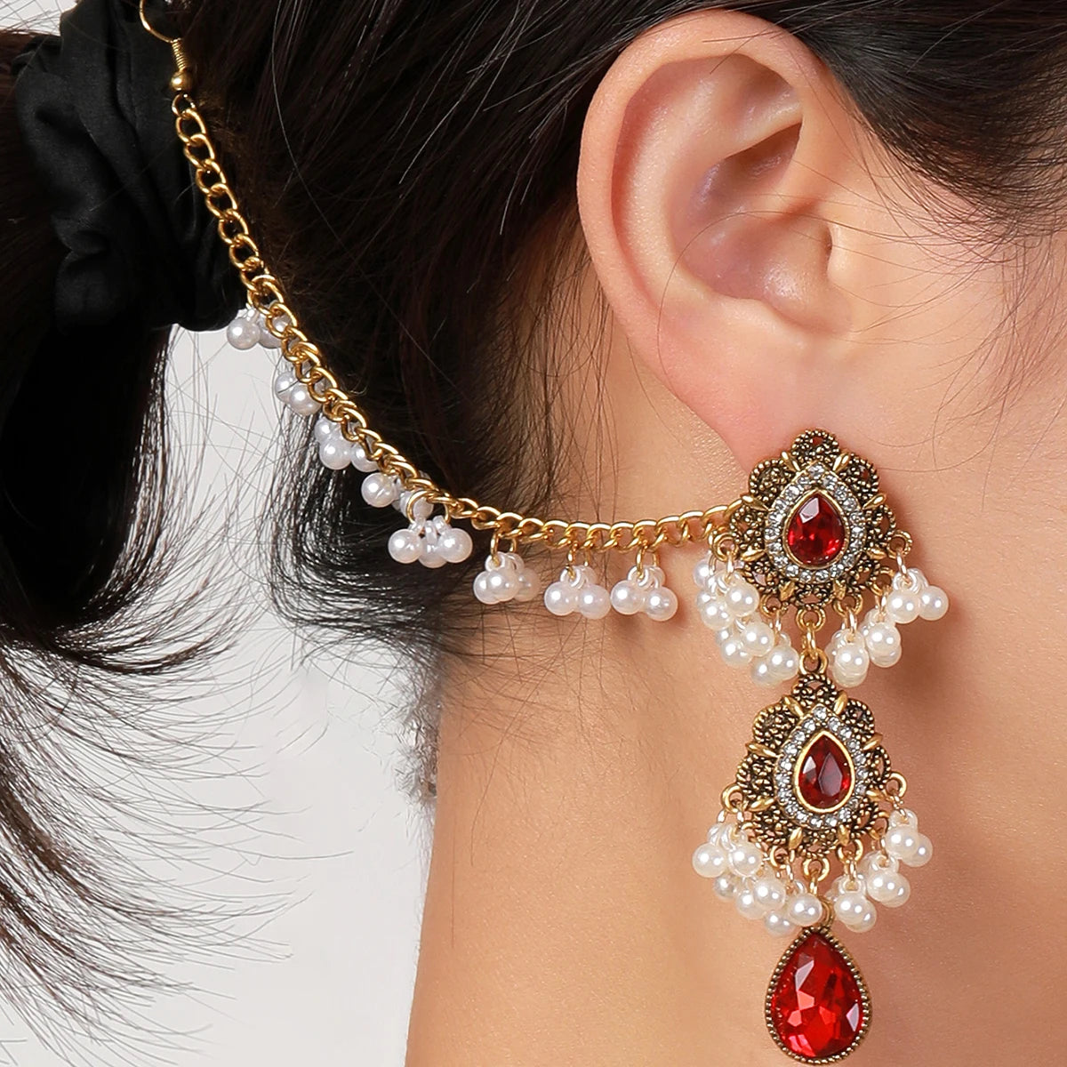 Flowers Pearl Crystal Water Drop Earrings Earrings Link Headdress