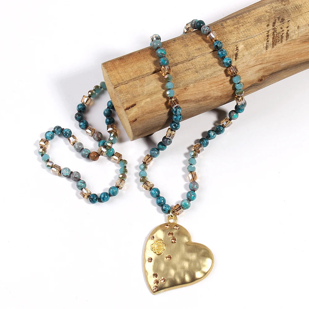 Natural Stones Metal Heart Pendant Necklaces