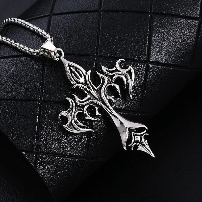 Vintage Flame Cross Pendant Necklace